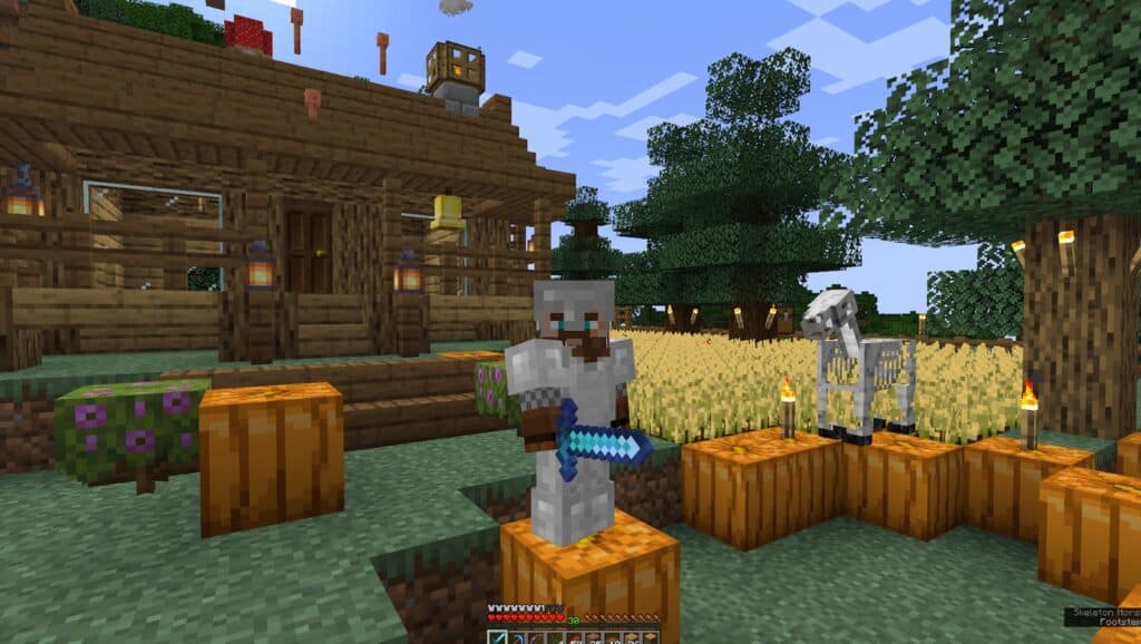 Jay on Shackle Road's Minecraft screenshot standing on a pumpkin in front of his home, field and skeleton horse