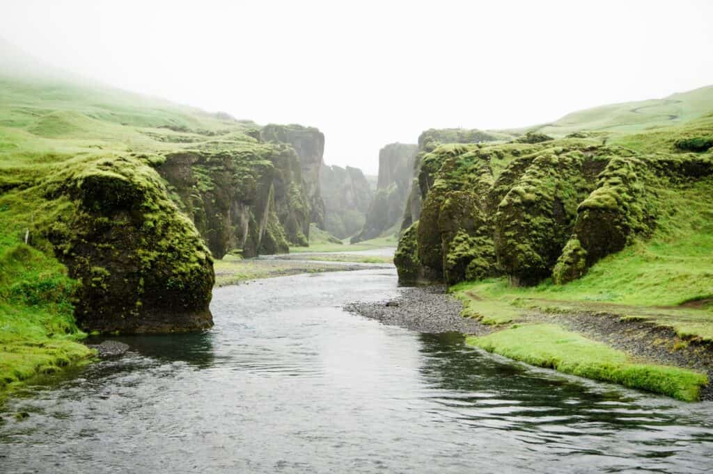 The jordan river with lime green grass